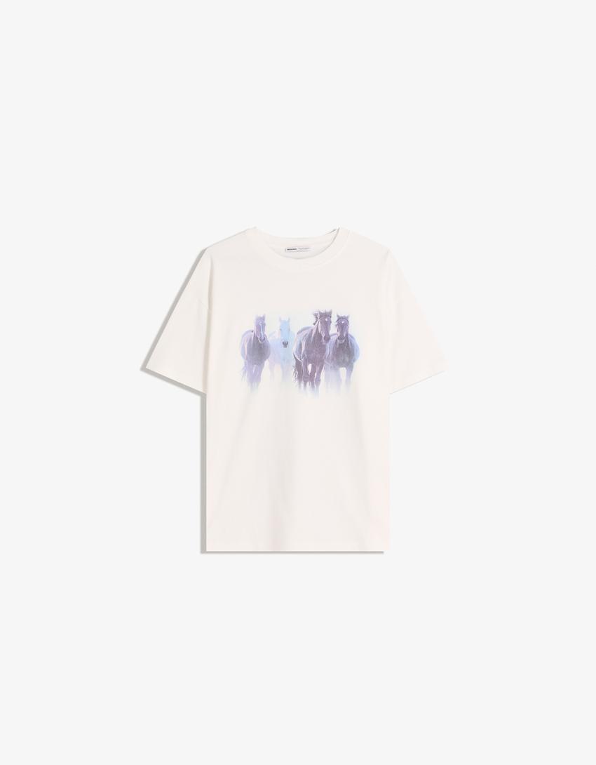 Tricou Bershka Alb cu imprimeu